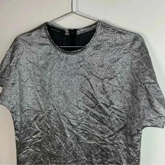 CEDRIC CHARLIER Metallic Silver Short Sleeve Silk Blend Top - Picture 4 of 9